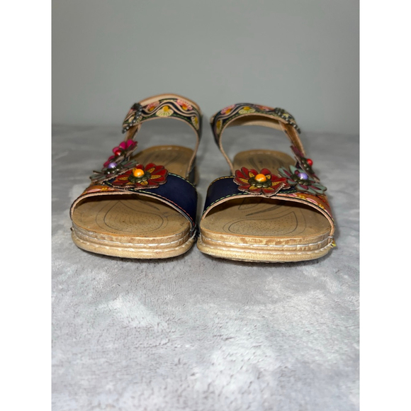 Women's L'ARTISTE Brown Navy Floral Leather Sandals Size 6-36 - Picture 4 of 9
